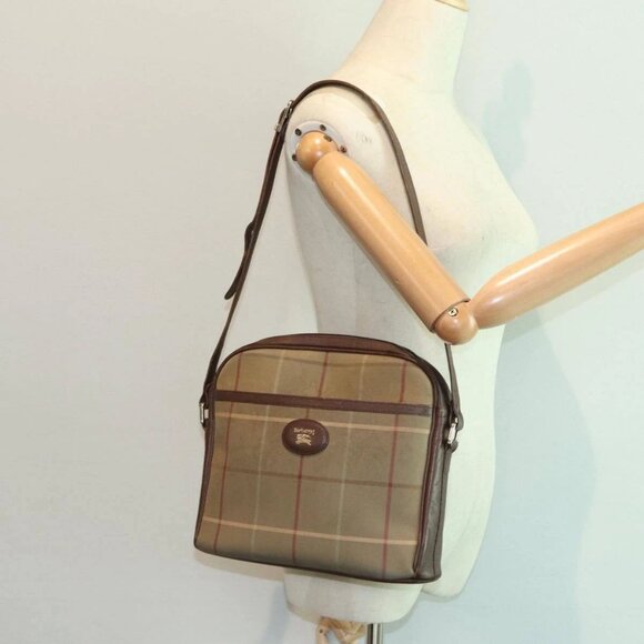 Burberrys Nova Check Shoulder Bag Canvas Leather Brown Gold Auth - Picture 1 of 16